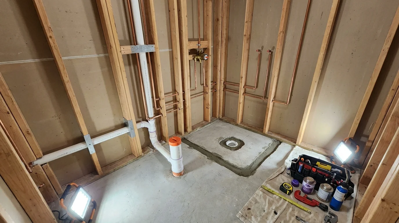 Bathroom rough-in plumbing during remodel by Johns Plumbing LLC in Quinebaug