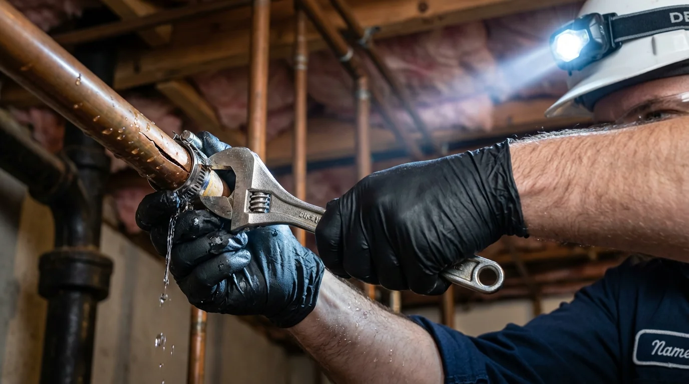 Emergency pipe clamp repair being performed by a Johns Plumbing LLC plumber in Quinebaug