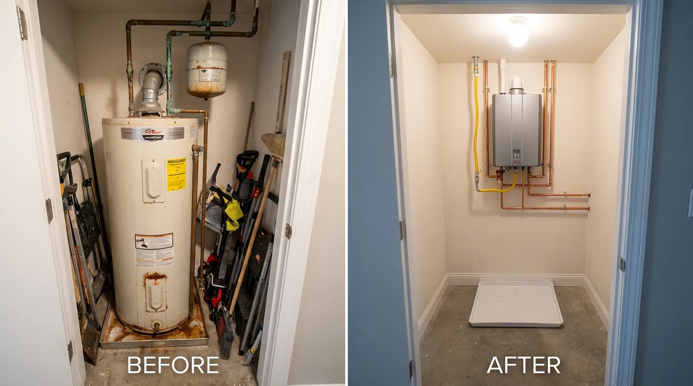 Tank water heater versus wall-mounted tankless unit comparison for Quinebaug, CT homeowners