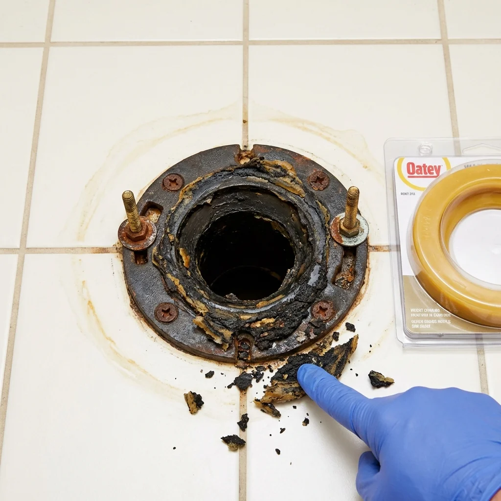 Failed wax ring showing water seepage at the base of a toilet in a Quinebaug, CT home