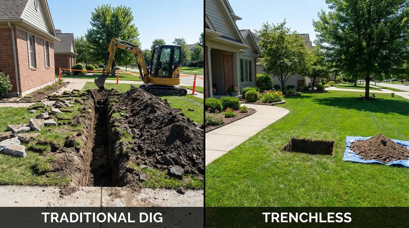 Trenchless sewer repair with minimal yard damage versus traditional excavation in Quinebaug, CT