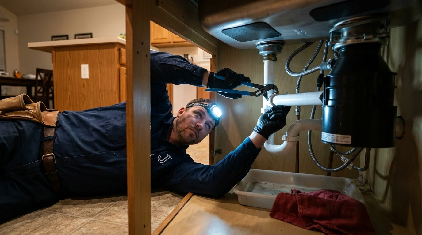 P-trap and supply line connections under a kitchen sink showing a common leak point in Quinebaug, CT